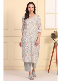 Aurelia - Grey Pure Cotton Floral Kurta with Pant (Set of 2)