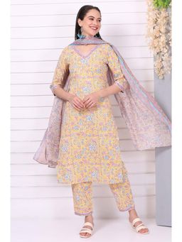 Aurelia - Yellow Pure Cotton Floral Kurta with Pant and Dupatta (Set of 3)