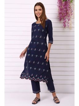 Aurelia - Navy Blue Pure Cotton Embroidered Kurta with Pant (Set of 2)