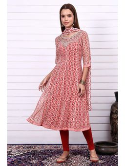 Aurelia - Red Polyester Embroidered Anarkali Kurta and Tight and Dupatta (Set of 3)