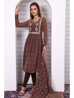 Aurelia - Brown Polyester Printed Kurta with Leggings and Stole (Set of 3)