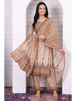 Aurelia - Beige Cotton Blend Printed Kurta with Pant and Stole (Set of 3)
