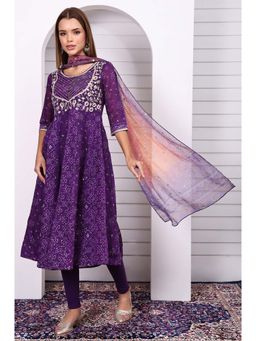 Aurelia - Purple Viscose Blend Printed Anarkali Kurta with Leggings and Stole (Set of 3)