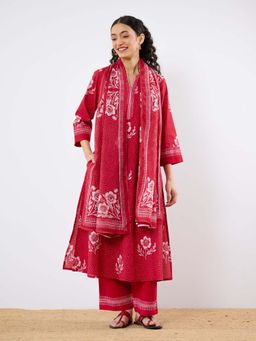 Rustorange - Red Dewdrop A-Line Cotton Kurta and Pant With Mulmul Dupatta (Set of 3)