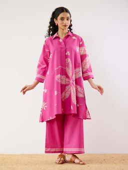 Rustorange - Pink Plumeria Cotton Kurta and Pant Co-ord (Set of 2)