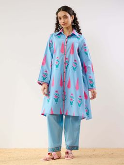 Rustorange - Blue Anokhi Cotton Kurta and Pant Co-ord (Set of 2)