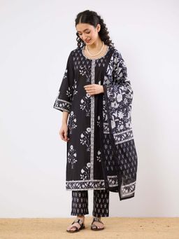 Rustorange - Black Gulmohar Straight Cotton Kurta and Pant with Mulmul Dupatta (Set of 3)