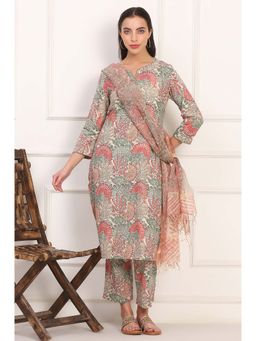 Folksong - Multicolor Pure Cotton Floral Round Neck Kurta with Pant and Dupatta (Set of 3)