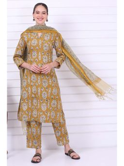 Folksong - Yellow Pure Cotton Printed Round Neck Kurta with Pant and Dupatta (Set of 3)