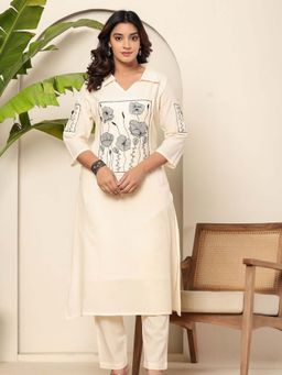 KAFTANIZE - Cream Pure Cotton Embroidered Collar Neck Kurta with Pant (Set of 2)