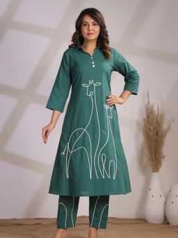 KAFTANIZE - Green Pure Cotton Embroidered Collar Neck Kurta with Pant (Set of 2)