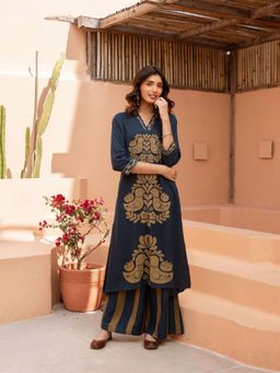 KAFTANIZE - Navy Blue Viscose Rayon Floral Mandarin Neck Kurta with Palazzo (Set of 2)
