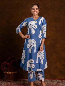KAFTANIZE - Blue Cotton Blend Printed V-Neck Kurta with Pant (Set of 2)