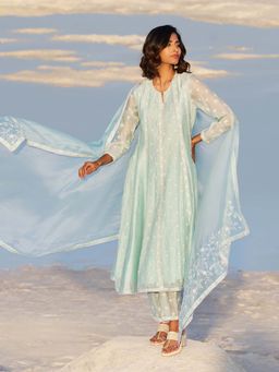 WISHFUL by W - Blue Silk Round Neck Anarkali Kurta with Pant and Dupatta (Set of 3)