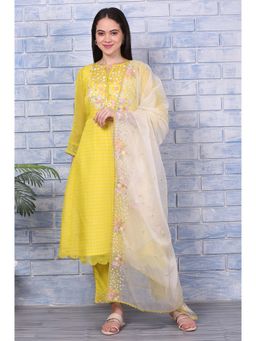 WISHFUL by W - Yellow Viscose Round Neck Kurta with Pant and Dupatta (Set of 3)