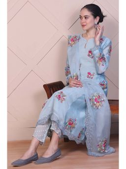 WISHFUL by W - Blue Viscose Round Neck Anarkali Kurta with Pant and Dupatta (Set of 3)