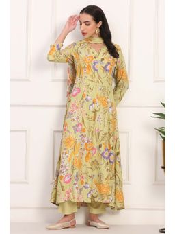 W - Green Viscose Floral V-Neck Anarkali Kurta with Pant and Dupatta (Set of 3)