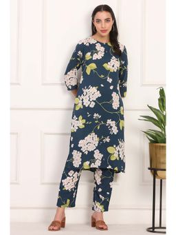 W - Blue Pure Cotton Floral Boat Neck Kurta with Pant (Set of 2)