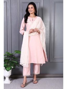 W - Peach Viscose Embroidered Round Neck Kurta with Pant and Dupatta (Set of 3)