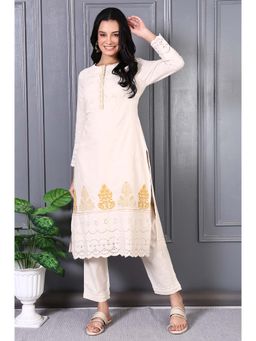 W - Off Cotton Blend Embroidered Round Neck Kurta with Pant (Set of 2)