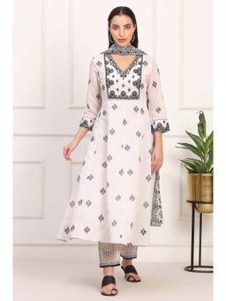 W - Cream Polyester Embroidered V-Neck Kurta with Pant and Dupatta (Set of 3)