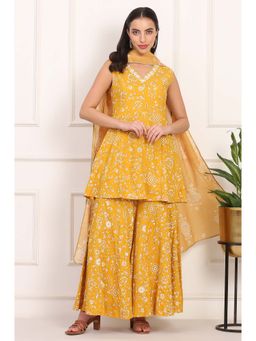 W - Yellow Viscose Floral V-Neck Kurta with Sharara and Dupatta (Set of 3)