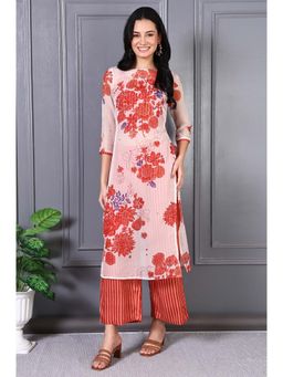W - Orange Organza Floral Round Neck Kurta and Top with Pant (Set of 3)