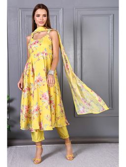 W - Yellow Polyester Floral Shoulder Straps Kurta with Pant and Dupatta (Set of 3)
