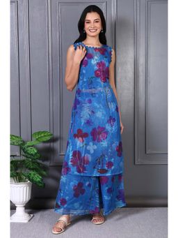 W - Blue Organza Floral Round Neck Kurta and Crop Top with Palazzo (Set of 3)