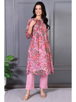 W - Pink Polyester Blend Floral Round Neck Kurta with Pant (Set of 2)