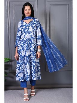 W - Blue Viscose Floral V-Neck Kurta with Pant and Dupatta (Set of 3)