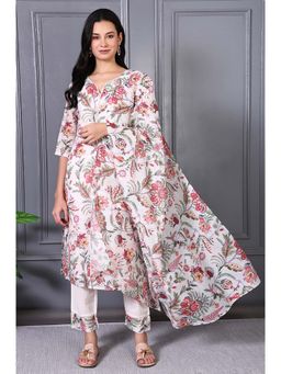 W - Off Polyester Floral Round Neck Kurta with Pant and Dupatta (Set of 3)