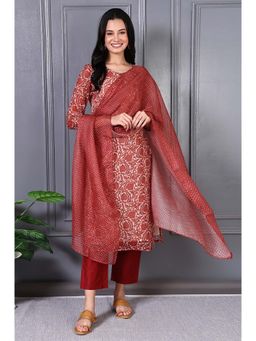 W - Red Polyester Printed Round Neck Kurta with Pant and Dupatta (Set of 3)