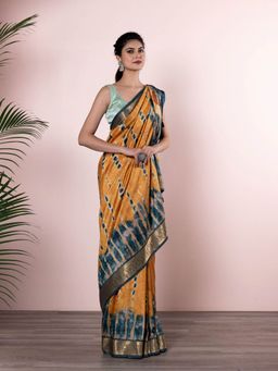 Beatitude - Yellow Green Tie and Dye Zari Silk Blend Saree with Unstitched Blouse