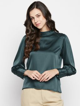 Madame - High Neck Bishop Sleeve Solid Green Top