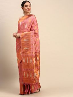 Sangam Prints - Pink Silk Woven Work Festival Tassel Saree with Unstitched Blouse