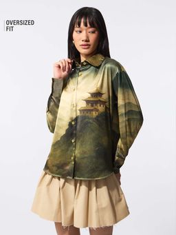 The Souled Store - Tibetan Tales Green Landscape Women Boyfriend Shirt