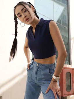 STREET 9 - Navy Blue Crop Polo T-Shirt