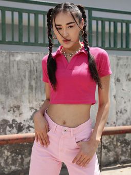 STREET 9 - Pink Crop Polo T-Shirt