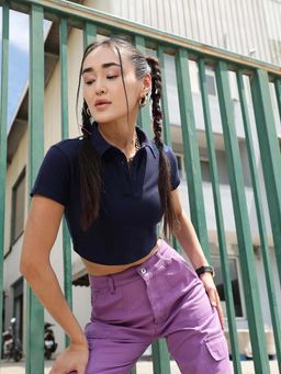 STREET 9 - Navy Blue Crop Polo T-Shirt