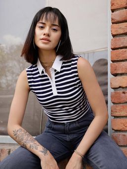 STREET 9 - Blue Striped Polo T-Shirt