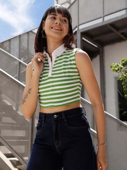 STREET 9 - Green Striped Polo T-Shirt