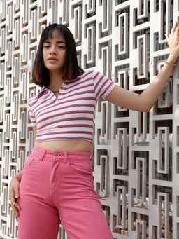 STREET 9 - Pink Striped Polo T-Shirt