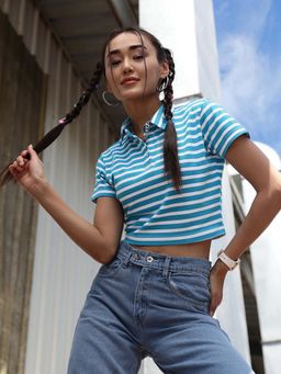 STREET 9 - Blue Stripes Crop Polo T-Shirt