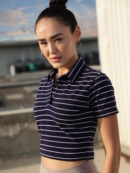 STREET 9 - Navy Blue Stripes Crop Polo T-Shirt