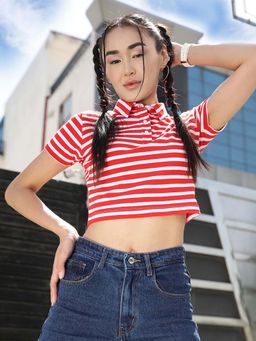 STREET 9 - Red Stripes Crop Polo T-Shirt