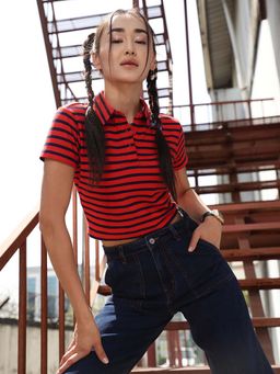 STREET 9 - Red Stripes Crop Polo T-Shirt