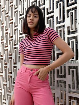 STREET 9 - Pink Striped Polo T-Shirt