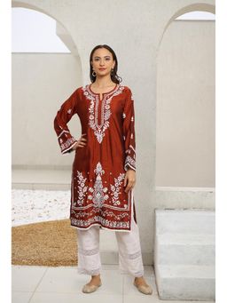 HOUSE OF KARI - Saba Embroidered Chikankari Long Kurta - Brown