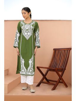 HOUSE OF KARI - Saba Embroidered Chikankari Long Kurta - Green